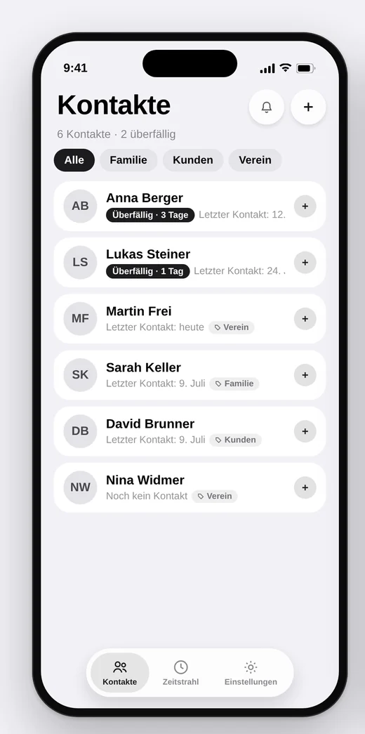 Orbit auf dem iPhone: die Kontaktliste mit Überfällig-Markierungen und Tag-Filtern.